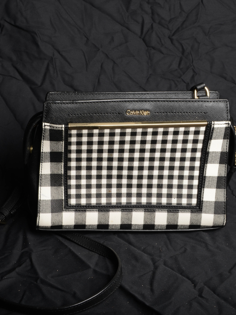 Calvin Klein Black & White Gingham Crossbody with Gold Accent